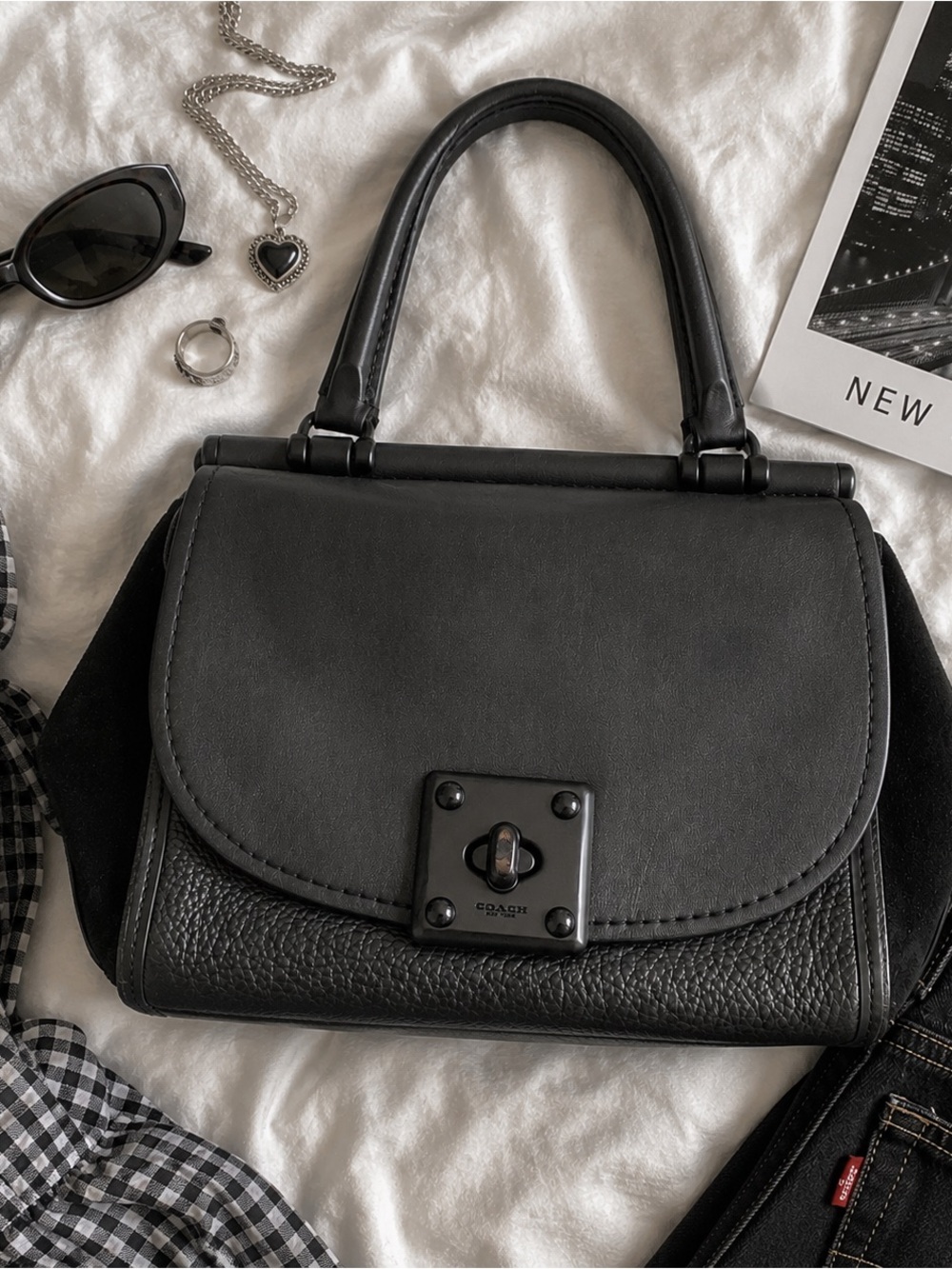Coach Drifter 38388 Black Mixed-Leather Top Handle Satchel with Strap